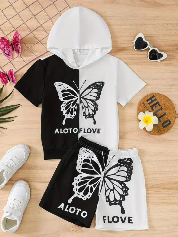 Two-Piece Set Girl's Butterfly Print Hoodie & Shorts Set, Casual Short Sleeve Hooded Pullover & Shorts for Daily Wear, Kids S...
