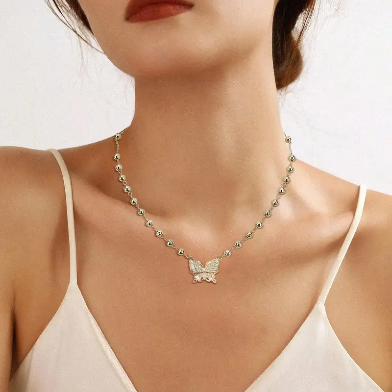 MEIITRUE 14K Gold Plated Butterfly Pendant Necklace for Women, Tri-Color Bead Rhinestone Necklace for Daily Party, Trendy Jew...