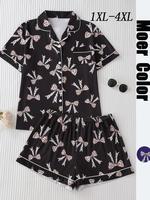 【Plus Size】 Bow Print Short Sleeve Pajama Set, Casual Comfy Button Top & Shorts Pj Set, Women's Sleepwear for Summer, Lou...