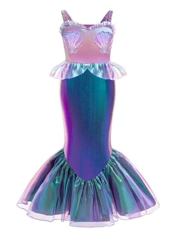 Ombre Color Mermaid Costume for Girls, Ruffle Trim Satin Mermaid Dress, Party Costume for Kids