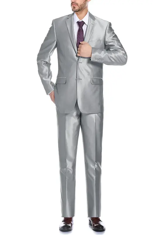 Sharkskin Slim Fit Two-Button Men's Suit with Optional Vest - Silver Grey