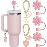 Flower & Letter Design Drinkware Accessories Set, 5 Counts/set Including 3 Counts Silicone Straw Cover & 2 Counts Letter Char...