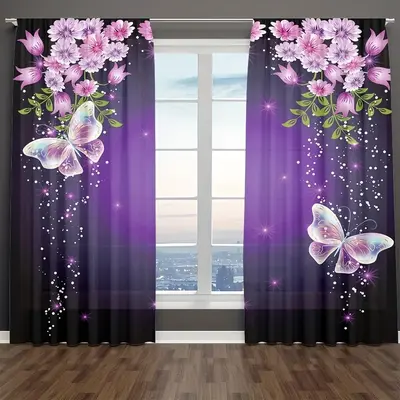 Beautiful Purple Mysterious Butterfly Printed Thin Semi Transparent Curtains, 2 Counts Easy To Install Rod Pockets Shading Cu...