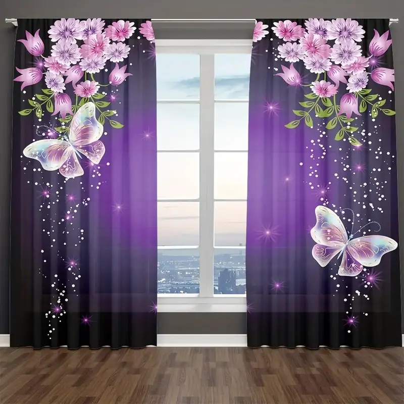Beautiful Purple Mysterious Butterfly Printed Thin Semi Transparent Curtains, 2 Counts Easy To Install Rod Pockets Shading Cu...