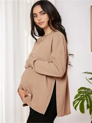 Women's Solid Drop Shoulder Split Hem T-shirt Without Necklace, Casual Streetwear Round Neck Long Sleeve Top, Maternity Clot...