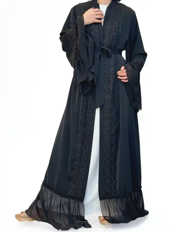 1963# 🔥 Nida Black Lace Abaya with Tie-Waist Design✨ Sizes S-2XL for All Body Types! The Viral Slimming Secret Every...