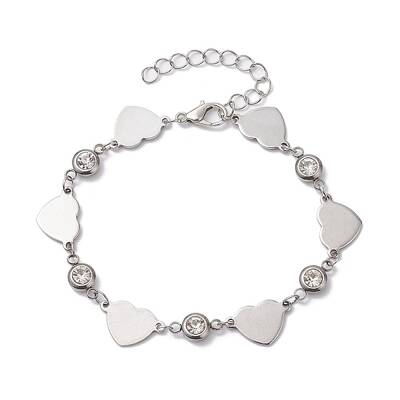 Stainless Steel Heart Link Chain Bracelet with Cubic Zirconia