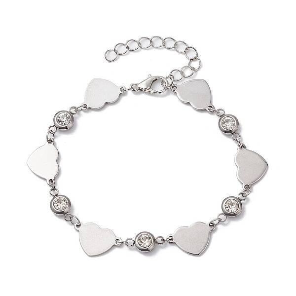Stainless Steel Heart Link Chain Bracelet with Cubic Zirconia
