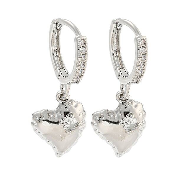 Heart Brass Micro Pave Clear Cubic Zirconia Huggie Hoop Dangle Earrings for Women
