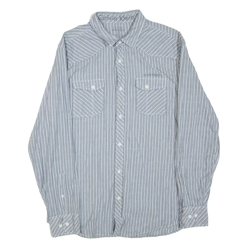 CALVIN KLEIN Slim Fit Mens Shirt Grey Striped Long Sleeve L