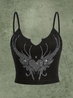 Women's Rhinestone Heart Pattern Crop Cami Top, Elegant Summer Clothes Women, Punk Comfort Notched Neck Sleeveless Top For ...