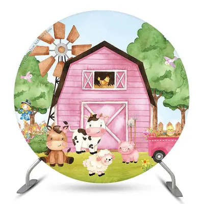 Aperturee Pink Farm Animals Brithday Round Backdrop Cover | Round Party Backdrop | Circle Backdrops For Birthday | Circle Bir...