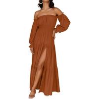 ZESICA Women's 2025 Boho Sexy Off Shoulder Long Sleeve Smocked High Waist Side Split Flowy A Line Tiered Long Maxi Dress Summ...