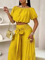 Vibrant Yellow Off-Shoulder Puff-Sleeve Crop Top,rave outfits,High-Waisted Wide Leg Pants Set Trendy Boho Style – Casual Su...