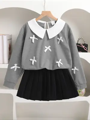 Girls 2-Piece Set with Collared Bow Long Sleeve Top and Skirt, Stylish Everyday for All Seasons, Perfect for Daily Outings