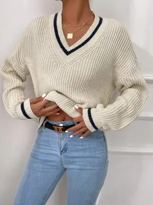 Women's Striped Trim Drop Shoulder V Neck Sweater, Loose Fit Long Sleeve Jumper Pullover Tops, Fall Sweaters for Women, Autum...