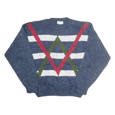 PRIVATE STOCK Patterned Jumper Blue Striped Chunky Knit Crew Neck Mens L