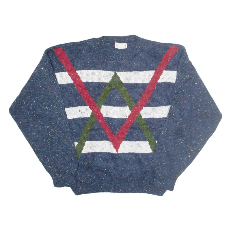 PRIVATE STOCK Patterned Jumper Blue Striped Chunky Knit Crew Neck Mens L