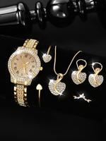 Women's Elegant Fashion Quartz Watch & Jewelry Set, Including Round Dial Watch & Necklace & Earrings & Ring & Bracelet, Trend...