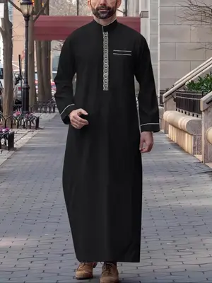 Men's Ethnic Pattern Stand Collar Arabian Thobe, Regular Fit Long Sleeve Button Robe, Islamic Clothing for All Seasons