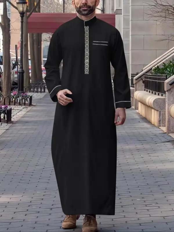 Men's Ethnic Pattern Stand Collar Arabian Thobe, Regular Fit Long Sleeve Button Robe, Islamic Clothing for All Seasons