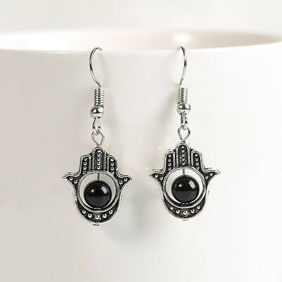 Natural Crystal Stone Hamsa Hand & Round Dangle Earrings