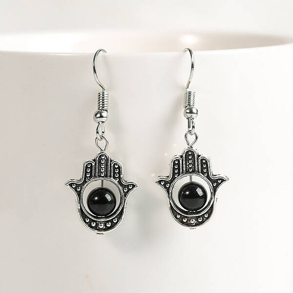 Natural Crystal Stone Hamsa Hand & Round Dangle Earrings