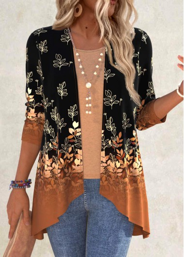Modlily Black Leaf Print Long Sleeve Light Cardigan - XL
