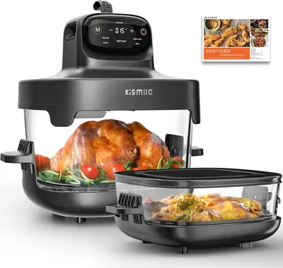 Kismile 5-in-1 Portable Glass Air Fryer 2.6QT & 4.7QT Dual Bowls with Lids 1500W Turbo Heater Healthy Cooking Less Oil Smart ...