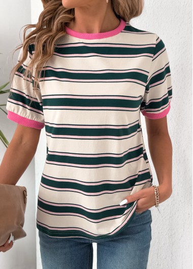 Modlily Multi Color Short Sleeve Round Neck T Shirt - L