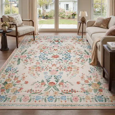MontVoo Floral Washable Area Rug, Romantic Cottage Style for Living Room & Bedroom, Non-Slip TPR Backing, Soft Touch & Easy V...