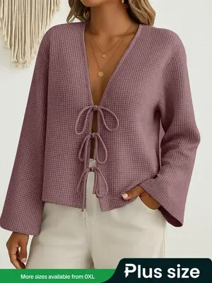 Plus Size Women's Fall Long Sleeve Plaid Cardigan, Casual Textured Knit Pullover with Tie Front, Daily Wear, All Seasons Fash...