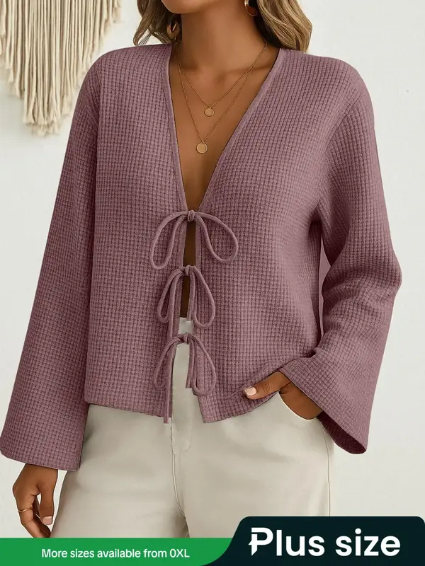 Plus Size Women's Fall Long Sleeve Plaid Cardigan, Casual Textured Knit Pullover with Tie Front, Daily Wear, All Seasons Fash...