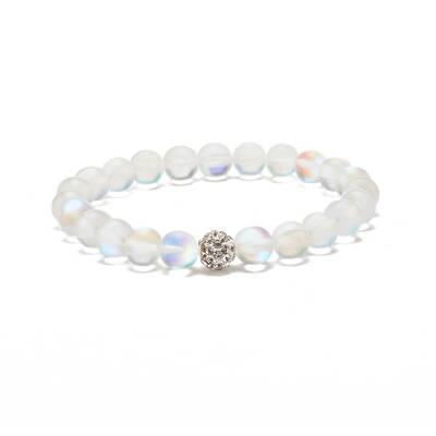 Synthetic Moonstone Round Beaded Stretch Bracelet with Rhinestone