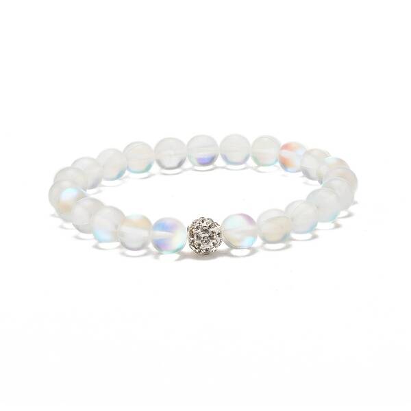 Synthetic Moonstone Round Beaded Stretch Bracelet with Rhinestone