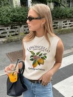 Women's Lemon Print Round Neck Sweater Vest, Casual Sleeveless Crew Neck Knit Top for Daily Wear, Ladies Clothes for All Seas...