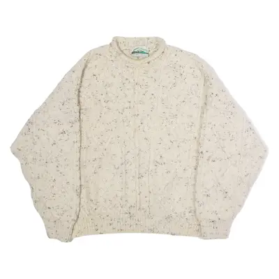 ARAN CRAFTS Mens Aran Jumper Cream High Neck 90s Cable Knit Wool 2XL