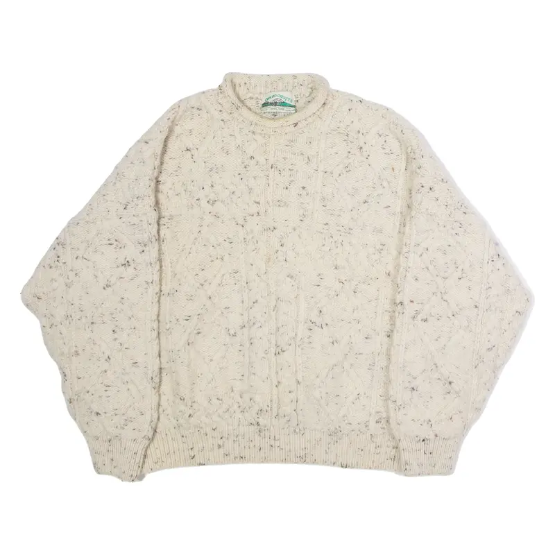 ARAN CRAFTS Mens Aran Jumper Cream High Neck 90s Cable Knit Wool 2XL