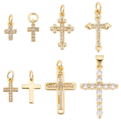 16Pcs 8 Styles Brass Micro Pave Cubic Zirconia Cross Charms