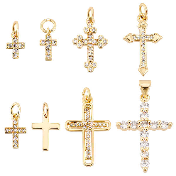 16Pcs 8 Styles Brass Micro Pave Cubic Zirconia Cross Charms