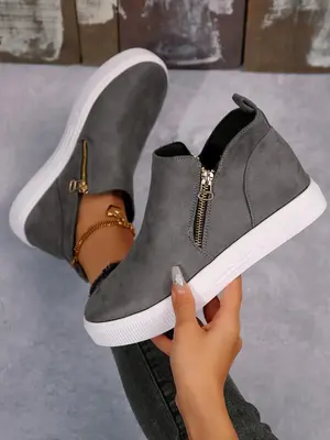 Women's Fashionable Solid Color Ankle Sneaker, Casual Comfortable Zipper Design Boots for Daily Wear, Female All-match Trendy...