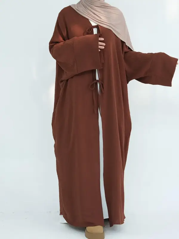 Women's Solid Color Tie Front Abaya without Hijab, Modest Casual Long Sleeve Long Dress for Party Daily Wear, Ladies Islamic ...