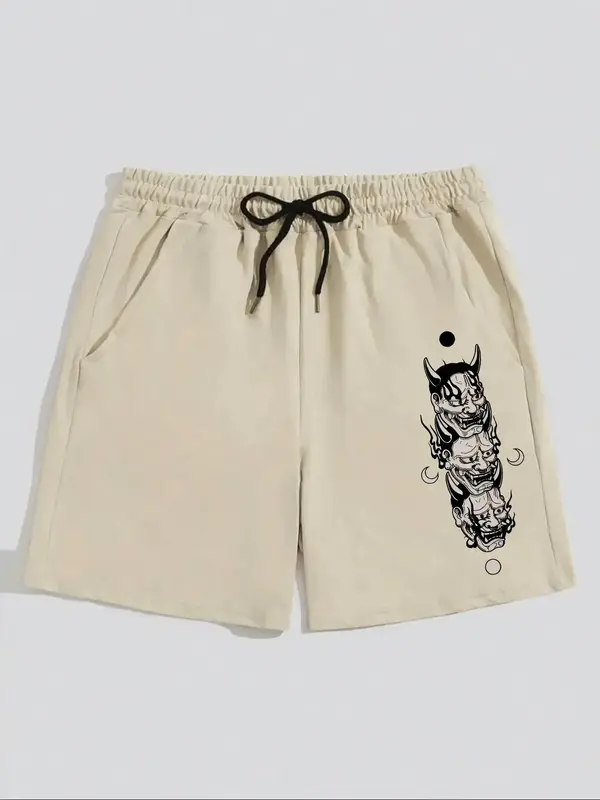 Men's Fashionable Summer Shorts - Stylish Masks Print, Casual Breathable Pleated Design with Practical Pockets - Ideal for Wa...
