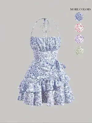 Women's Ditsy Floral Print Ruffle Trim Tie Front Tie Back Cami Dress, Boho Style Backless Tiered Layer Halter Neck Short Dres...