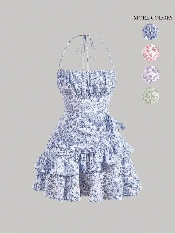 Women's Ditsy Floral Print Ruffle Trim Tie Front Tie Back Cami Dress, Boho Style Backless Tiered Layer Halter Neck Short Dres...