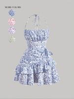 Women's Ditsy Floral Print Ruffle Trim Vintage Sleeveless Cami Dress, Breathable Bohemian Backless Tiered Layer Short Sundres...