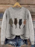 Women's Cat Print Drop Shoulder Sweater, Casual Comfortable Long Sleeve Round Neck Jumper for Fall & Winter, Fashion Ladies' ...