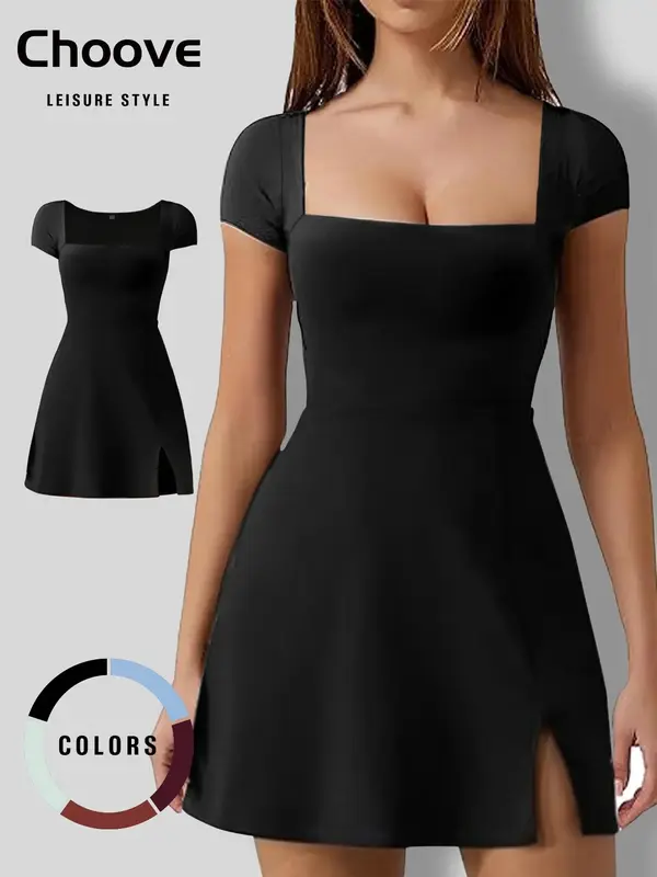 Women's Solid Square Neck Split Hem Short Dress, Summer Clothes Women, Elegant Fashion Casual Basic Comfort Slim-fitting ...