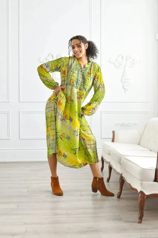 Blue Bayou Peasant Dress - Upcycled | SIZE: M/L | Color: Earth Tones