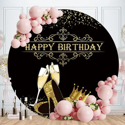 Aperturee Gold Glitter Heels Black Round Happy Birthday Backdrop